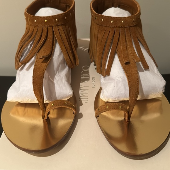 JIMMY CHOO LIKE NEW URIEL FRINGED ANKLE FLATS IN TAN SUEDE SIZE 38 - Picture 5 of 12